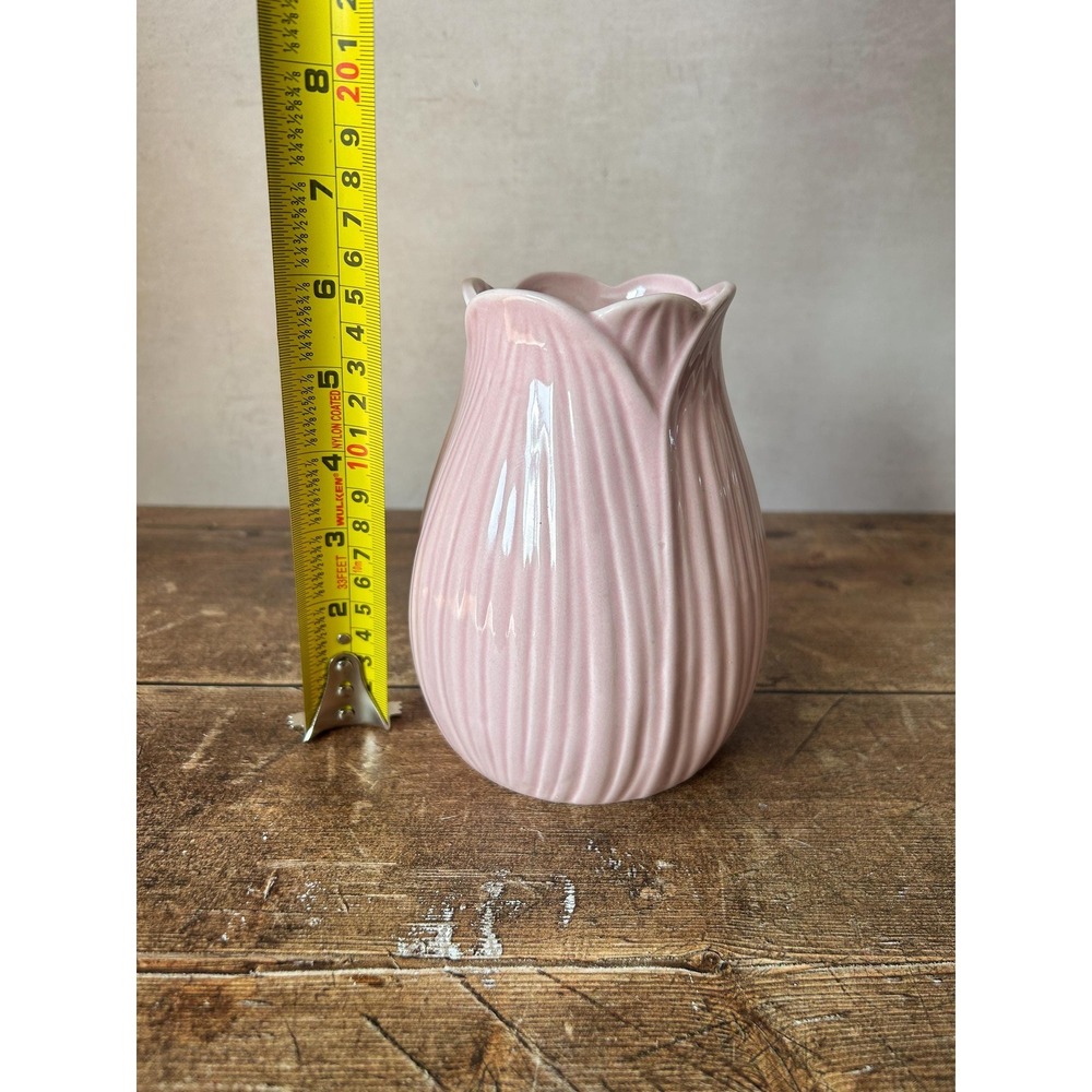 Vintage Pink Tulip Ceramic Vase β Ribbed Farmhouse Cottagecore Decor - Picture 9 of 11